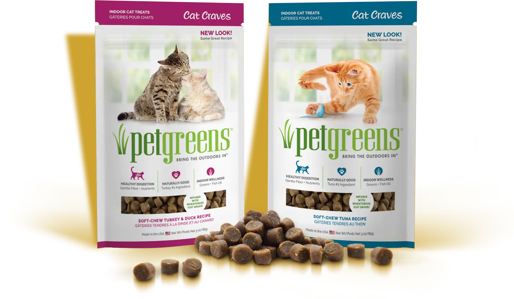 pet greens natural cat treats bags and kibble